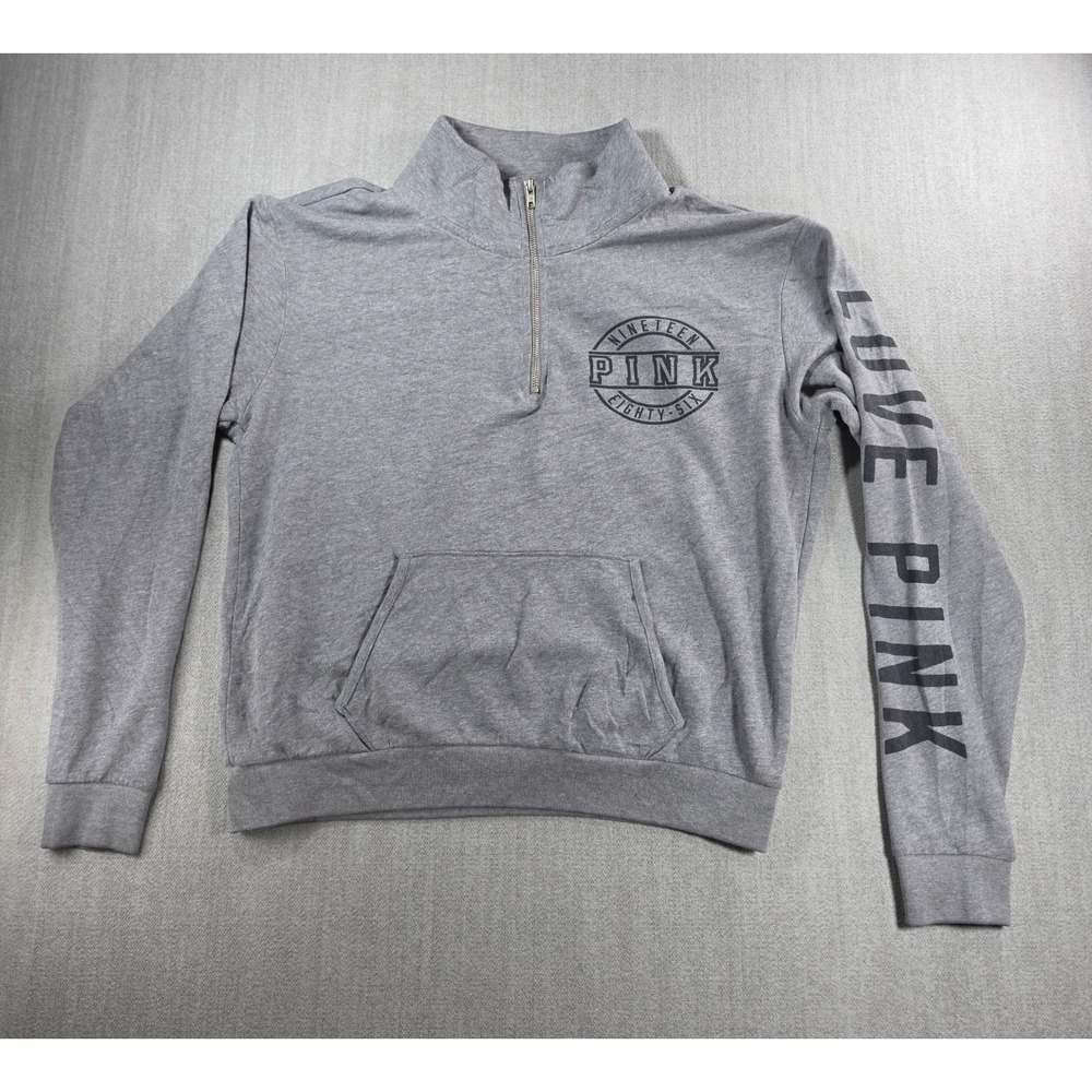 PINK‎ Victoria's Secret Quarter Zip Men M Grey Graphic Pullover Sweatshirt